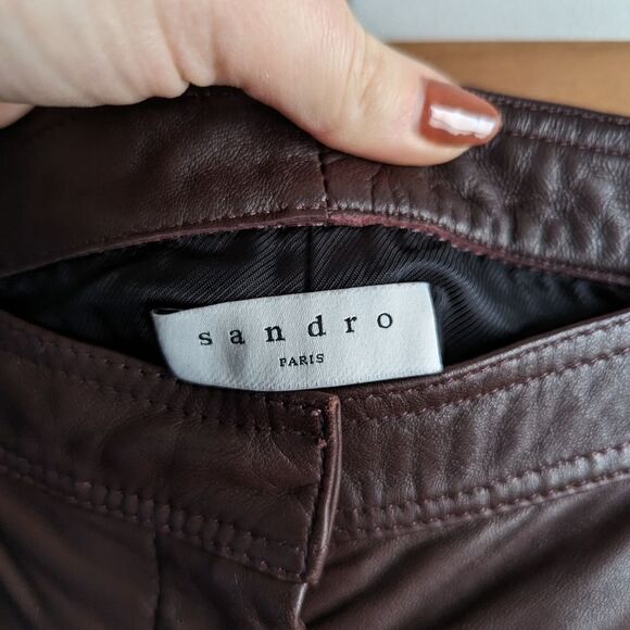 Sandro dark chocolate brown leather kick flare cropped trousers pants size 40 - Picture 3 of 7